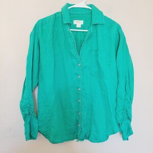 Anthropologie Maeve Linen Women Shirt Size Xs Green Ruched Sleeve Button Beachy